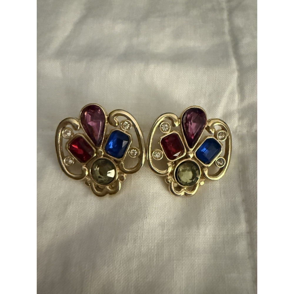 Vintage  Rhinestone Clip‎ On Earrings Statement Multicolor Gold Tone Classy